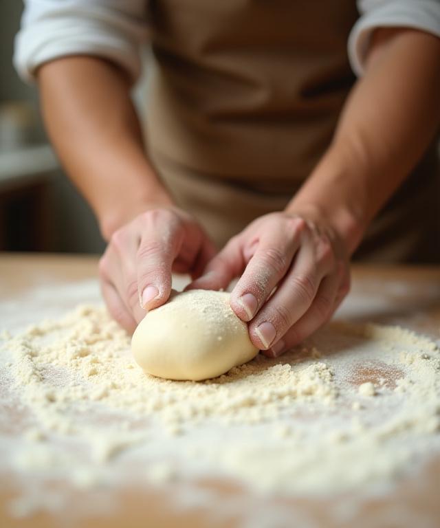 Mani di un pasticcere esperto che lavorano un impasto fresco su un tavolo di legno infarinato, con un'espressione di concentrazione e cura.